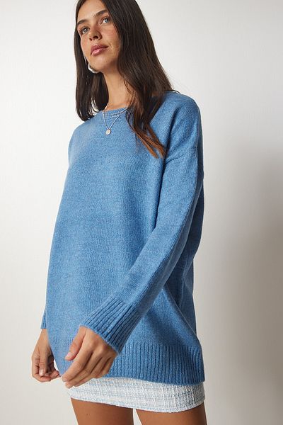 Happiness İstanbul Dámsky indigovo modrý oversize pulóver PN00054