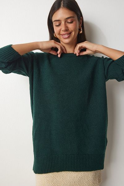 Happiness İstanbul Dunkelgrüner Oversize-Strickpullover für Damen PN00054