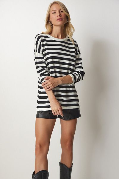 Happiness İstanbul Pulover oversize cu dungi alb-negru pentru femei yy00156