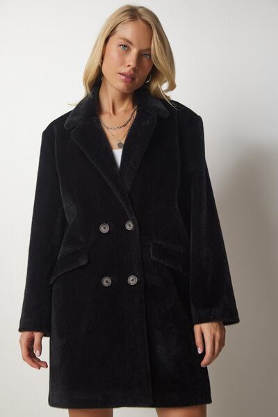 Happiness İstanbul Dámský oversize kabát z černého králičího peří MX00105