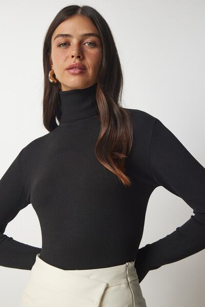 Happiness İstanbul Pulover de damă negru cu gât tricotat cu nervuri bv00087