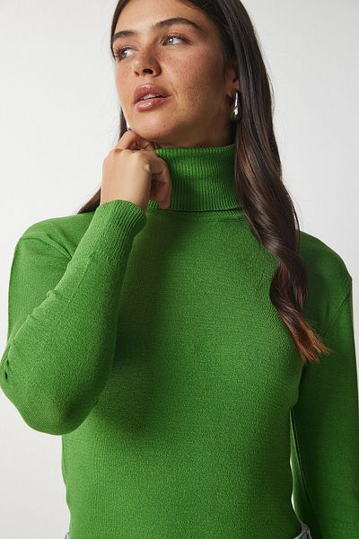 Happiness İstanbul Women's Green Turtleneck Ribbed Knitwear Sweater bv00087