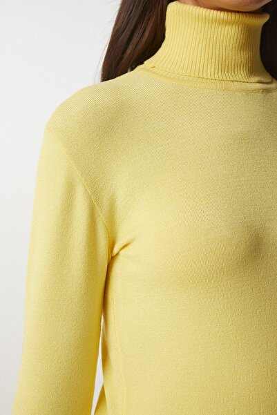Happiness İstanbul Women's Yellow Turtleneck Ribbed Knitwear Sweater bv00087