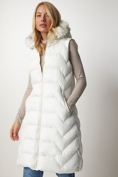 Happiness İstanbul Lange Pufferweste mit Kapuze für Damen, weiß, DD01246