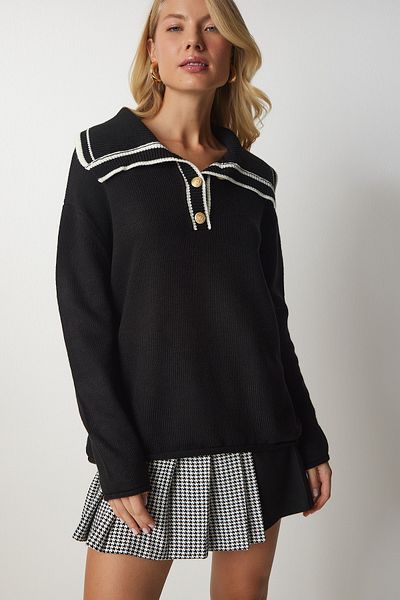 Happiness İstanbul Pulover negru cu gât polo pentru femei BV00090
