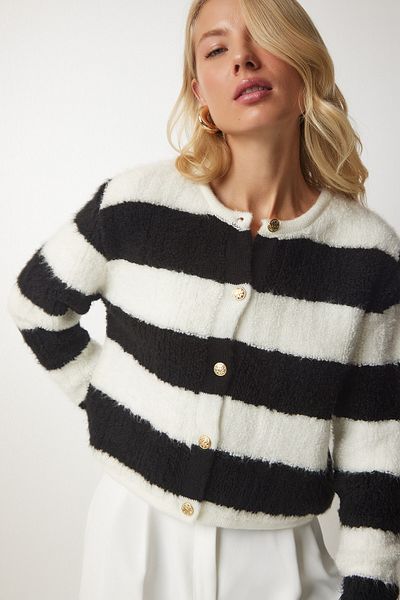 Happiness İstanbul Women's Ecru Black Striped Boucle Knitwear Cardigan YY00158