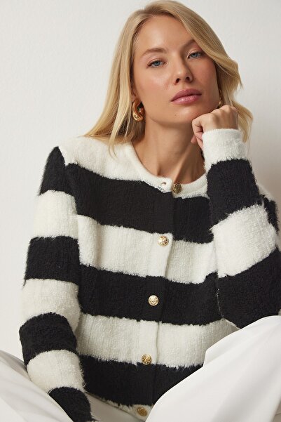 Happiness İstanbul Damski sweterek w czarne paski w kolorze ecru YY00158