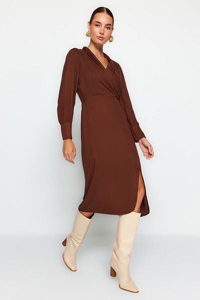Trendyol Collection Καφέ υφαντό φόρεμα με επένδυση Midi TWOAW21EL0230