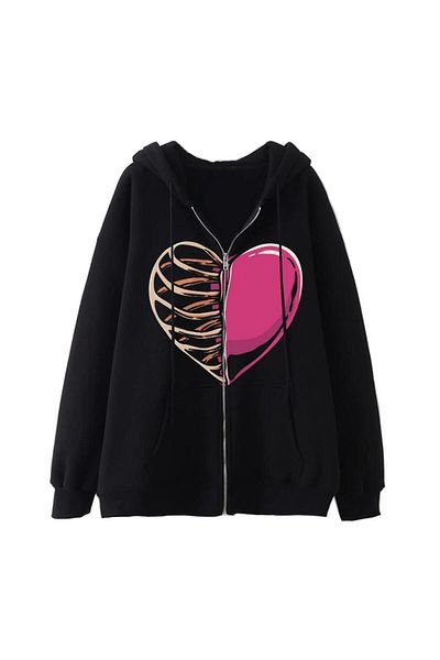 Touz LAGOM FASHION Half Rib & Heart Printed Oversize Μαύρη ζακέτα με κουκούλα Unisex με φερμουάρ
