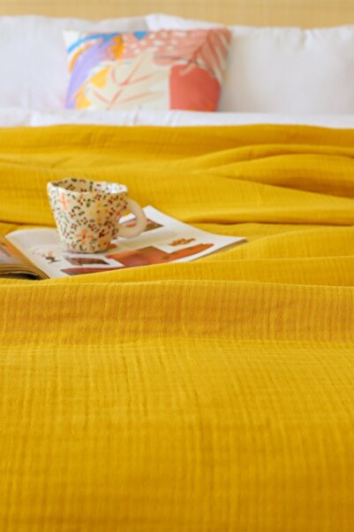 vivamaison Double 4 Layers Muslin Pique Bedspread Cotton Double Sided Mustard 220x240 cm
