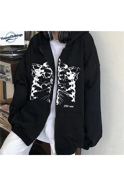 Touz Eyl Aesthetic Skeleton Printed Oversize Μαύρη ζακέτα με κουκούλα Unisex με φερμουάρ