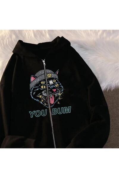 Touz Moda dompuleri moda You Bum Cat Printed Oversize Zippered Black Unisex Hooded Cardigan