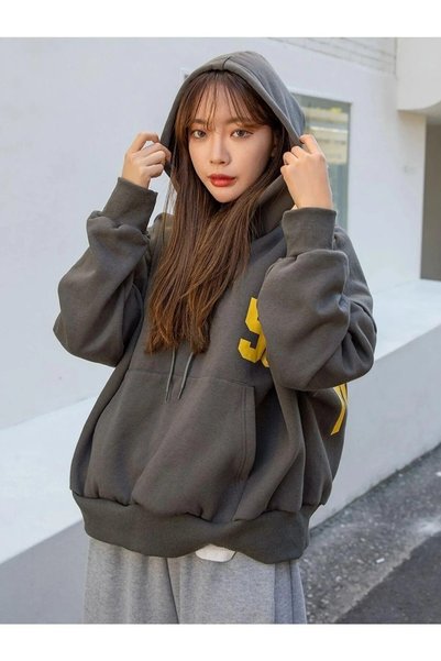 MANCY Plus Size Women's Management '50' Front and Back Print Detailed Hooded Pocket Sweatshirt-Hoodie