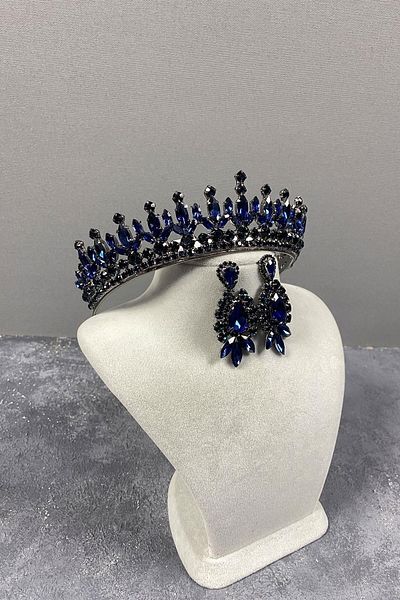 Hayalperest boncuk Pedro Bridal Crown Drop Stone Detailed Shuttle Stone Earring Set Wedding Henna Crown Blue Color