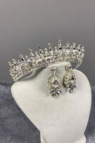 Hayalperest boncuk Pedro Bridal Crown Drop Stone Detailed Shuttle Stone Earring Set Wedding Henna Crown Silver Color