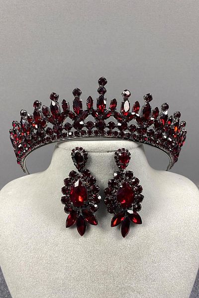 Hayalperest boncuk Pedro Bridal Crown Drop Stone Detailed Shuttle Stone Earring Set Wedding Henna Crown Burgundy