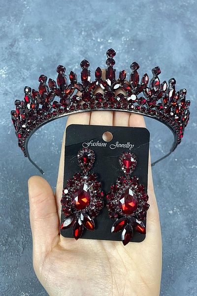 Hayalperest boncuk Pedro Bridal Crown Drop Stone Detailed Shuttle Stone Earring Set Wedding Henna Crown Burgundy