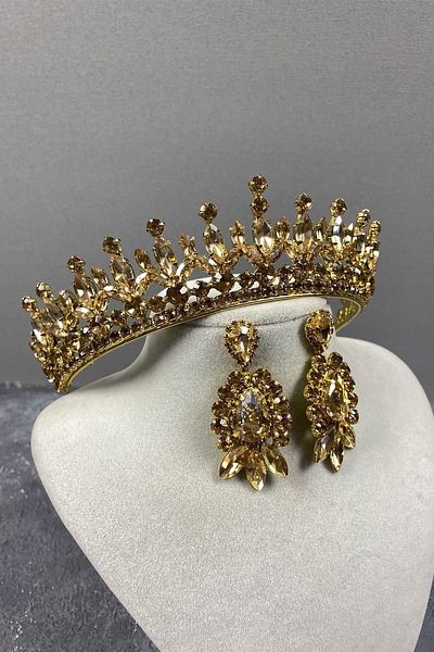 Hayalperest boncuk Pedro Bridal Crown Drop Stone Detailed Shuttle Stone Earring Set Wedding Henna Crown Honey Color