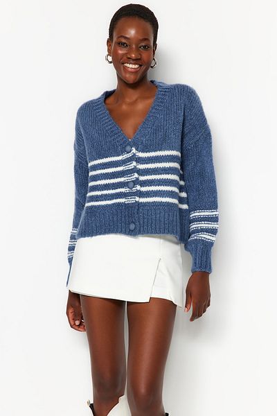 Trendyol Collection Indigo Soft Textured Striped Knitwear Cardigan TWOAW24HI00118