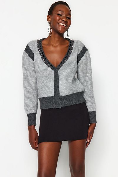 Trendyol Collection Anthracite Soft Textured Color Blocked Knitwear Cardigan TWOAW24HI00205