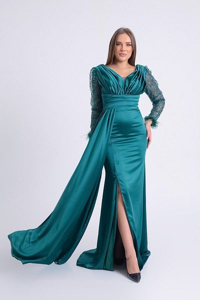 SpringStore Rochie de seara cu decolteu in V smarald cu maneci din tul