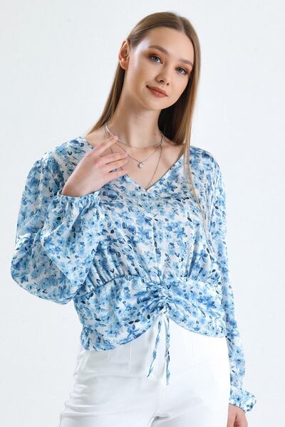 MD trend Women's Blue Front Gathered V-Neck Balloon Sleeve Summer Satin Blouse with Waist Detail