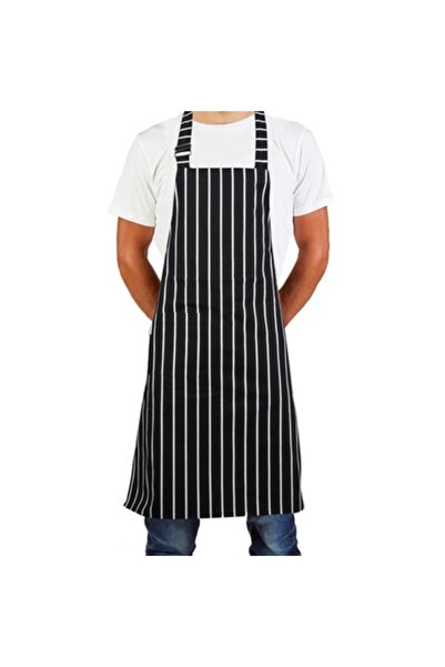 MyChef Aşçı Mutfak Önlüğü Siyah Beyaz Çizgili Desenli Ayarlanabilir Askılı Şef Önlükleri