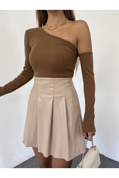 Fav Style Fustă mini din piele plisată cu talie înaltă de damă, bej
