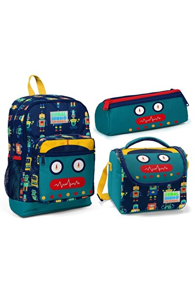 Coral High Robot Desenli Dört Bölmeli Okul Çantası Beslenme Kalemlik 3 lü Set...