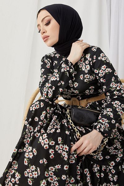InStyle Φόρεμα Hijab Lesa Floral Straw Belt - Μαύρο