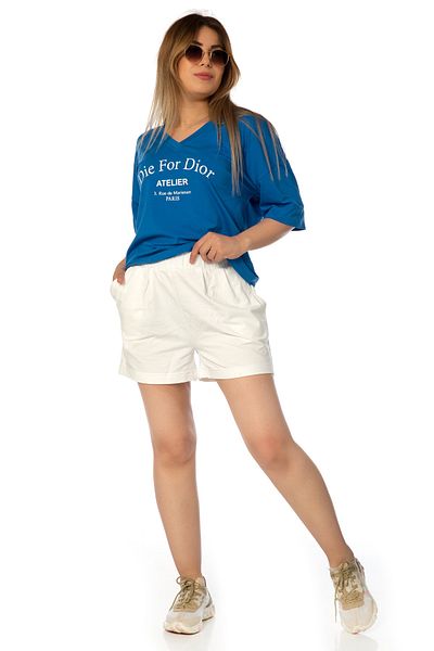 Limerence Tricou de damă, decolteu în V albastru, crem, pantaloni scurți, partea de sus, set model de bază