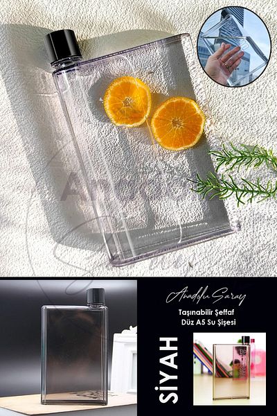 Anadolu Saray Çarşısı 420ml Black Clear Motivational A5 Shaped Flat Water Bottle Sports Water Bottle Drinker