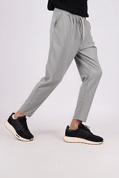 LoFiBuy Erkek Gri Beli Lastikli Fit Jogger Keten Pantolon