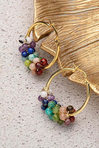 ÇAKRA DOĞAL TAŞ 925 Ayar Gümüş 7'li Çakra 3-4mm Doğal Taşlı Halka Küpe Gümüş Üzeri Altın Kaplama