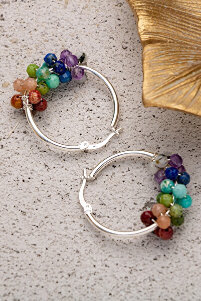 ÇAKRA DOĞAL TAŞ 925 Ayar Gümüş 7'li Çakra 3-4mm Doğal Taşlı Halka Gümüş Küpe