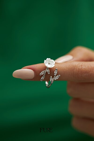 FUJE Sedef Taşlı Yapraklı Manolya Çiçeği Yüzük-Elegan ve Ayarlanabilir Gümüş ...