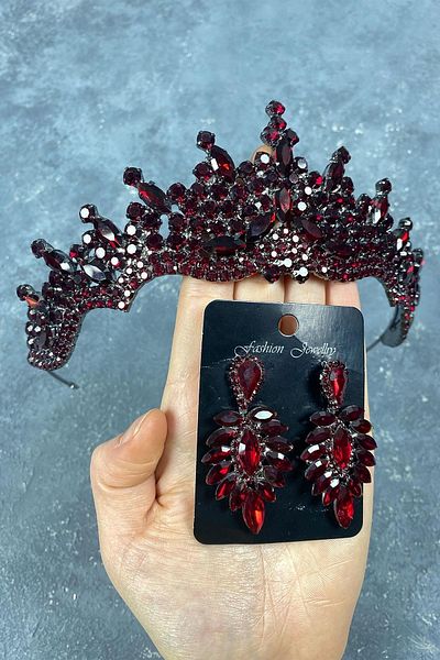 Hayalperest boncuk Tokyo Model Bridal Henna Crown and Drop Stone Earring Set Burgundy Color