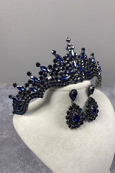 Hayalperest boncuk Tokyo Model Wedding Crown Henna Crown Shuttle Stone Earrings Bridal Crown Set Navy Blue Color