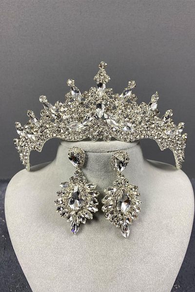 Hayalperest boncuk Tokyo Model Bridal Henna Crown and Drop Stone Detailed Shuttle Stone Earring Set Silver Color