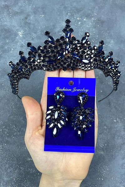 Hayalperest boncuk Tokyo Model Bridal Henna Crown and Drop Stone Earring Set Navy Blue Color