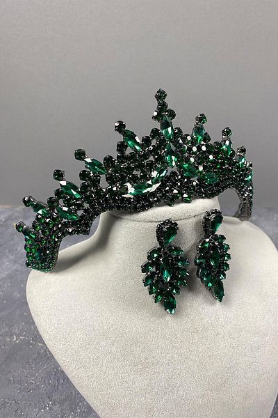 Hayalperest boncuk Tokyo Model Bridal Henna Crown and Drop Stone Earring Set Green Color