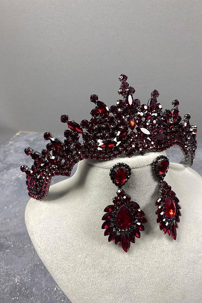 Hayalperest boncuk Tokyo Model Bridal Henna Crown and Drop Stone Detailed Shuttle Stone Earring Set Burgundy Color