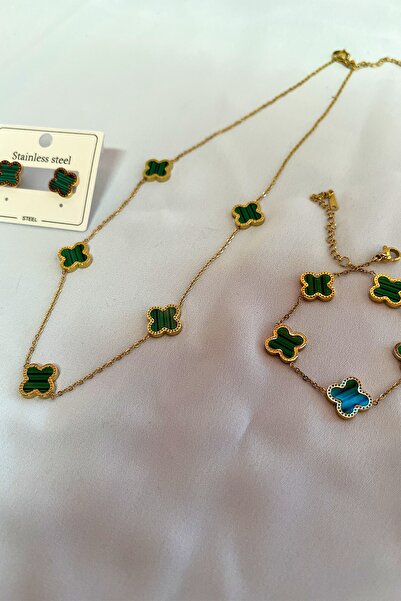 COŞKUN STORE Çelik Yeşil Yonca Renk Model Kolye Küpe Bileklik Seti