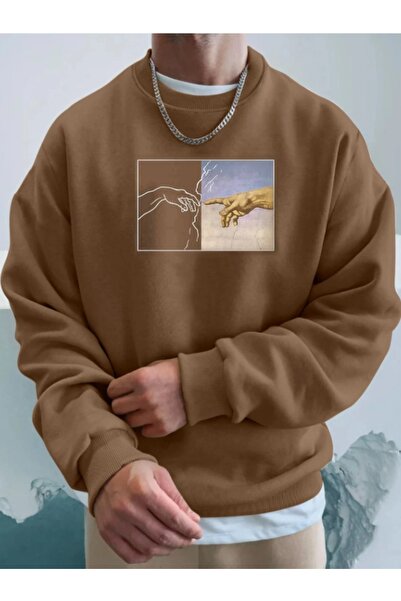 Adrift Hands Πολύχρωμο Oversize Φούτερ με λαιμόκοψη ποδηλάτου από βαμβάκι, καφέ