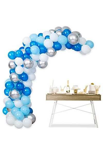parti pera Balon albastru închis metalic, balon alb, balon albastru pastel, set de lanț de baloane argintiu cromat 100 de baloane