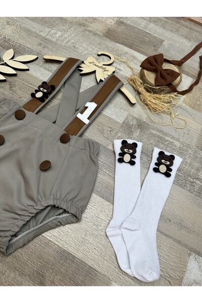 Feriatolye Gri kahve erkek bebek romper ayıcık konsepti