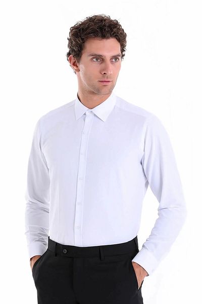 Hatemoğlu Λευκό Slim Fit Απλό βαμβακερό μακρυμάνικο πουκάμισο με λεπτή λαιμόκοψη