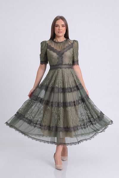 SpringStore Khaki Short Sleeve Lace Evening Dress