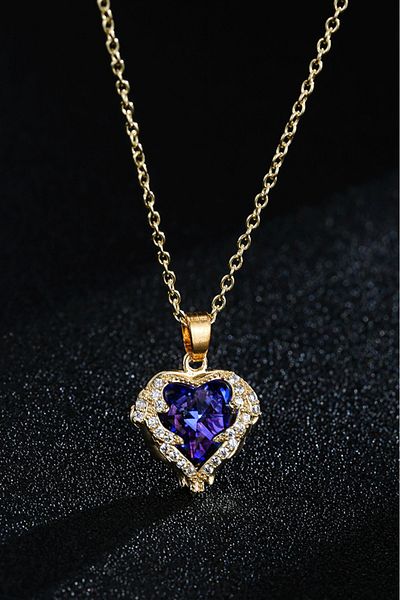 The Collection Heart Sparkling Purple Blue Zircon Stone Tarnish Stainless Gold Steel Necklace