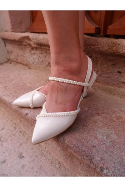 LİNEER Rochie de seară de balerină cu perle cu toc de 3,5 cm, alb murdar, pantofi de mireasă